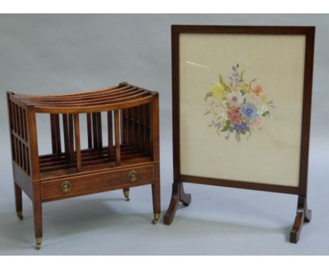 A reproduction mahogany Canterbury with four divisions and drawer on square tapered legs with brass caps and castors, togethe