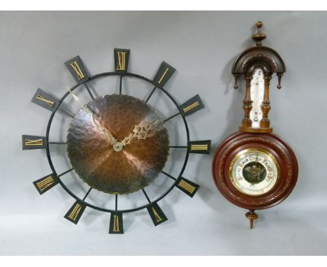 An Edwardian barometer thermometer, together with a 1960s wall clock 