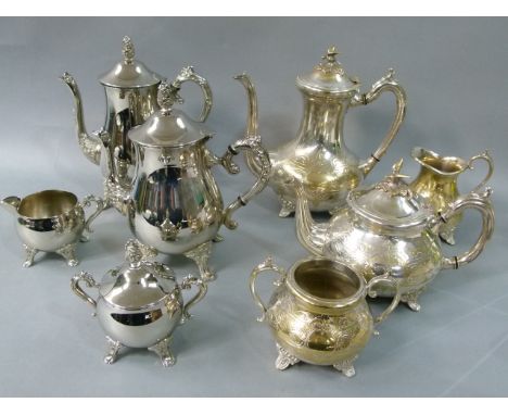 Two four piece silver plated tea and coffee sets each comprising teapot, coffee pot, sugar bowl and milk jug 