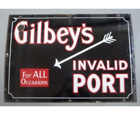 Enamel advertising sign - Gilbeys Invalid Port, For All Occasions, black rectangular with red lined white text, arrow and red