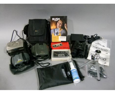A Minolta Vectis 300 34mm camera with instruction leaflet, a pair of Lion Sands 10x25 UltraOptec binoculars, a pair of Pentax