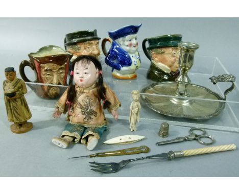 Royal Doulton character jugs - The Devil, Captain Cuttle and Pickwick, and a pottery Toby jug, together with Japanese doll, s