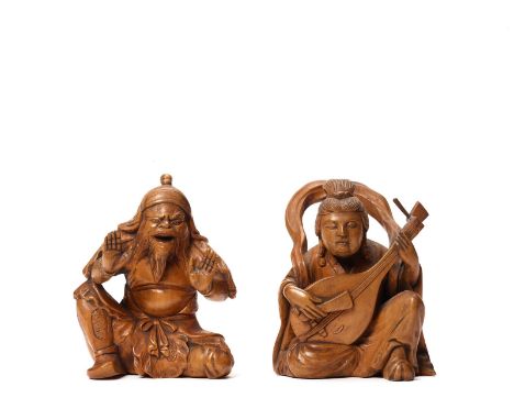 2 wooden okimonos with bente and bishamon, 20th c., China or Japan, the 2 happy gods are sitting and playing their characteri