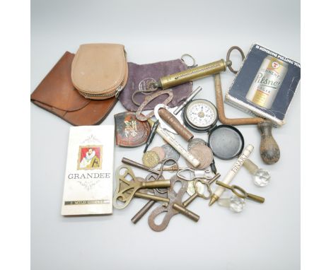 Assorted items including a compass, keys, coins etc. 