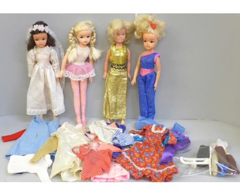 Three vintage Pedigree Sindy dolls and June doll, clothes and accessories 
