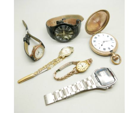 A pocket watch, a/f, a Casio wristwatch, an Armani wristwatch, and three other wristwatches 