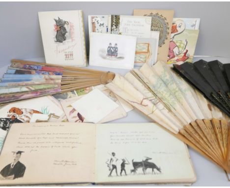 A collection of vintage greetings cards and postcards, a circa 1900 keep sake illustrated album, three vintage lady's wooden 
