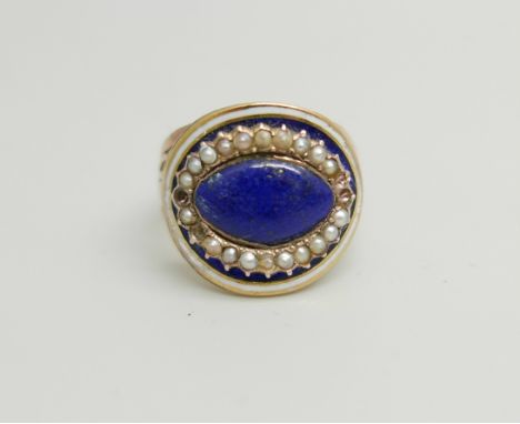 A 19th Century yellow metal, enamel and seed pearl ring, 4g, J/K 
