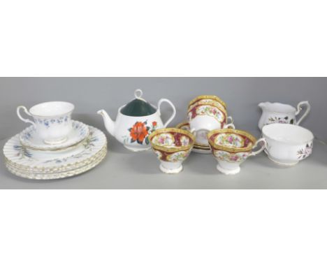A collection of Royal Albert teawares including four Lady Hamilton cups and three saucers, a Silver Maple saucer, a Memory La