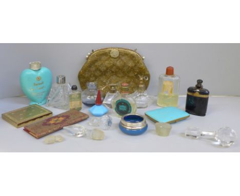 A flapper beaded clutch bag, a turquoise cigarette case, faux tortoiseshell comb in a tooled leather case, Revlon compact and