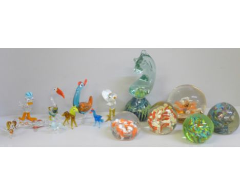 A collection of lamp work glass animals, five paperweights, one larger one signed Selkirk and a Medina glass seahorse paperwe