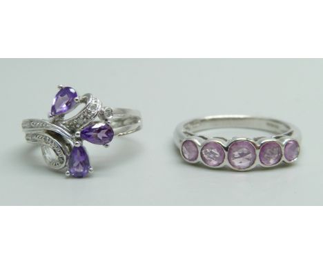 Two 9ct white gold stone set rings (three stone amethyst ring size L, the other size O/P), 5.6g total weight 