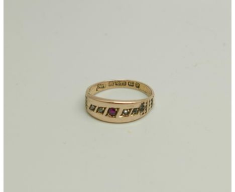 A Victorian 15ct gold, ruby and diamond ring, Birmingham 1889, 2g, K 