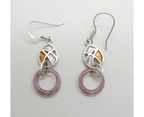 A pair of silver and enamel earrings by Malcolm Gray, 5cm including hook 