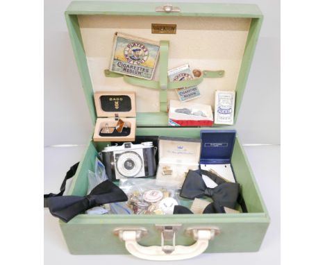 A vintage Brexton picnic case with a Viscount vintage camera, three silk bow ties, cufflinks, penknives, bages, cigarette box