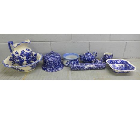 A Burleigh Calico blue and white rolling pin, a cheese dome and stand, tea pot, wash jug and bowl, etc. **PLEASE NOTE THIS LO