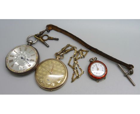 A silver pocket watch with silver dial, a gold plated Tempo pocket watch and a silver gilt .800 fob watch with red guilloche 