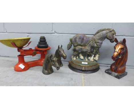 A horse door stop, two resin horse heads, a resin horse head on marble base and a set of Thornton &amp; Co. scales **PLEASE N