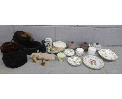A Whitefriars glass model of a duck, novelty money bank, etc., and lady's vintage hats 