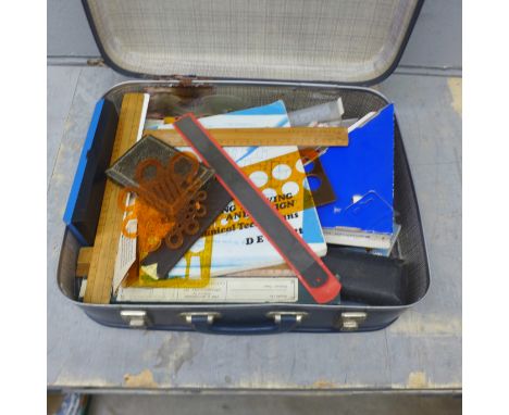 A collection of items for technical drawing (drafting) including rulers, boxed vintage compass sets, Rotrings set, etc. **PLE