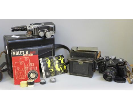 Three cameras, Busch compact, Zenit EM and Bolex B8SL cine camera, case with key 