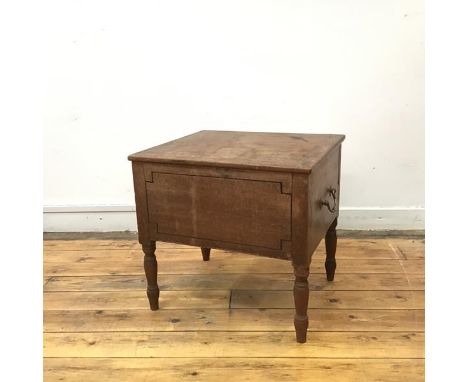 A William IV mahogany and ebony lined commode, the hinged top with brass carry handles, enclosing a newly fitted wooden inter