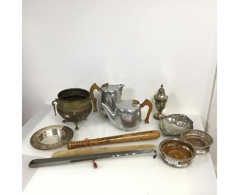 A mixed lot including a Picot ware teapot and coffee pot (h.20cm x 21cm x 10cm) and a truncheon inscribed Defensa Personal, a