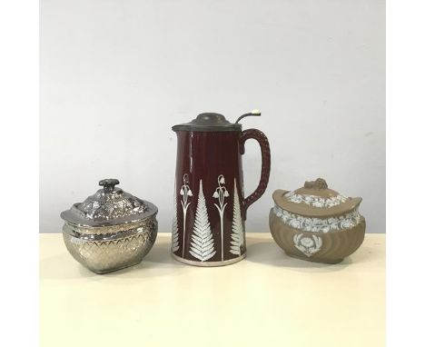 A 19thc stoneware hot water jug, sprigged with ferns and with pewter hinged cover, together with a 19thc silver lustre sucrie