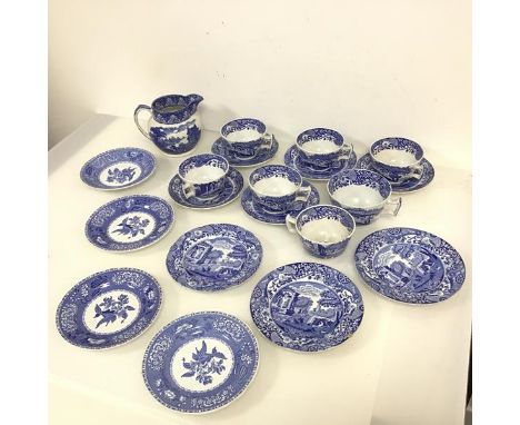 A set of six Spode Italian pattern teacups and five saucers, together with three plates and a larger teacup (7cm x 12cm x 11c