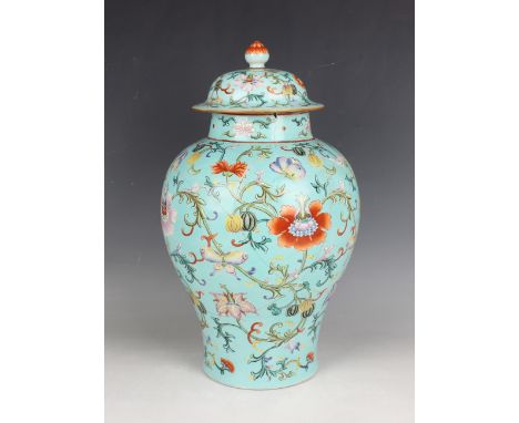 A Chinese famille rose enamelled turquoise ground jar and cover, Qianlong mark but early 20th century/Republic period, the ba