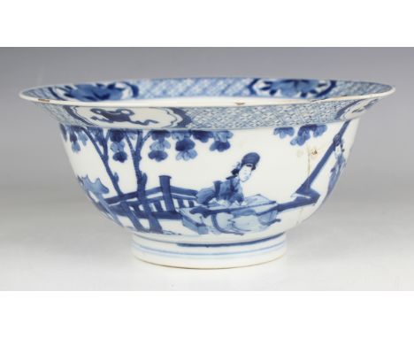 A Chinese blue and white porcelain circular bowl with flared rim, mark of Chenghua but Kangxi period, the exterior painted wi