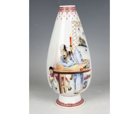 A Chinese famille rose porcelain vase, Republic style but probably later, the tapered ovoid body raised on a flared circular 