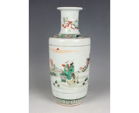 A Chinese famille verte porcelain rouleau vase, Kangxi style but later, painted with an arrangement of precious objects and v