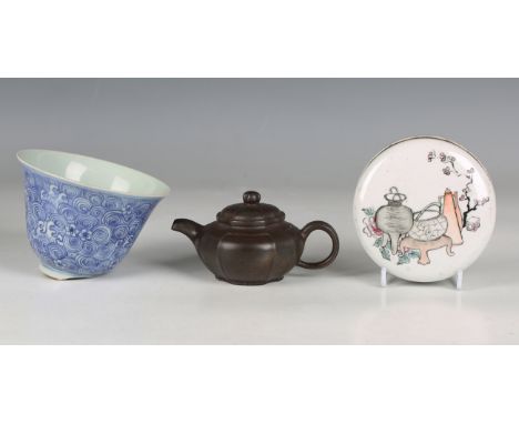 A Chinese brown Yixing stoneware teapot and cover, probably 20th century, of squat form, impressed seal mark to base, height 
