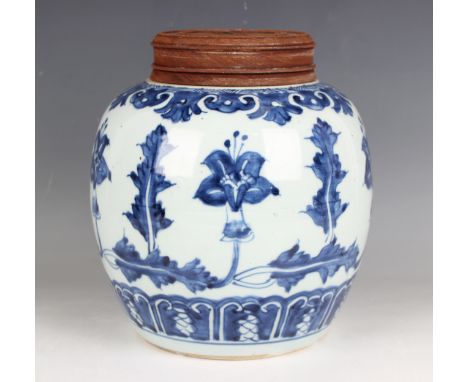 A Chinese blue and white porcelain ginger jar, Qing dynasty, probably Kangxi period, the ovoid body painted with a continuous