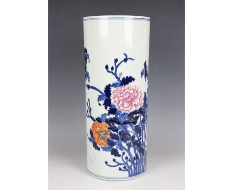 A Chinese porcelain cylinder vase, mark of Qianlong but 20th century or later, painted in underglaze blue and polychrome enam