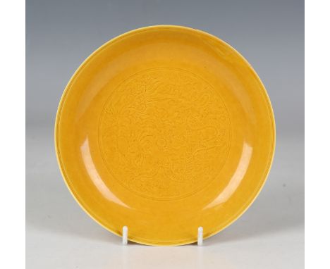 A Chinese yellow enamelled biscuit porcelain saucer dish, mark of Jiaqing but probably 20th century or later, the interior in