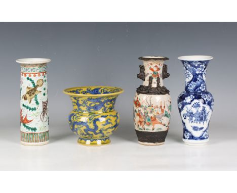 A collection of Chinese porcelain, 19th century and later, including a cylindrical vase painted with fish and crab, height 20