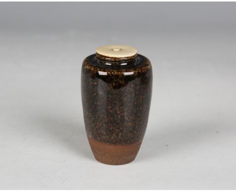 A Japanese brown speckled glaze pottery tea caddy, 20th century, of shouldered tapering form with ivory cover, unmarked, heig