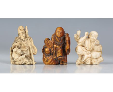 A group of seven Japanese carved ivory okimono netsuke, Meiji period, including one of a samurai standing above a cowering fi