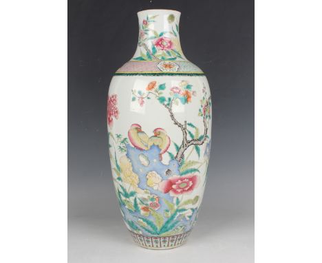 A Chinese famille rose porcelain vase, Yongzheng style but late Qing dynasty, the shouldered tapering body and short flared n
