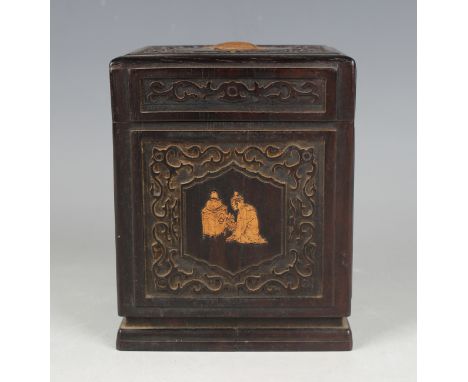 A Chinese hardwood rectangular box and cover, 20th century, the front and back inlaid with opposing boxwood figure and charac