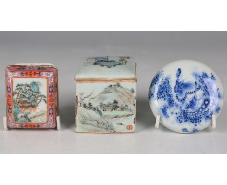 A Chinese famille rose porcelain rectangular box and cover, probably 20th century, the top painted with a landscape view of a