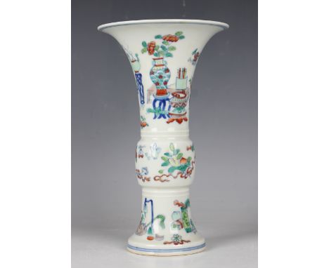 A Chinese doucai porcelain beaker vase, mark of Qianlong but modern, painted with precious objects and vessels, underglaze bl