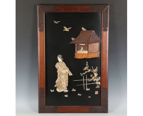 A Japanese inlaid lacquer rectangular panel, early 20th century, inlaid in ivory, carved and stained bone, mother-of-pearl an