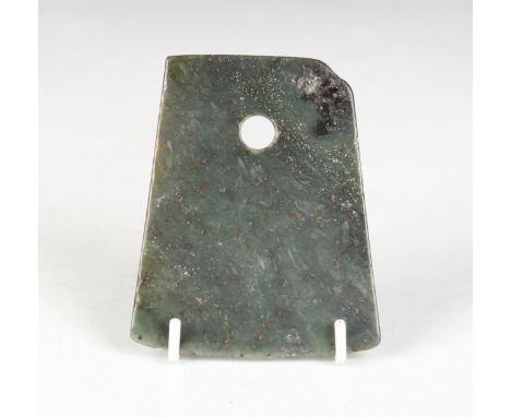 A Chinese archaic spinach green jade axe blade (ge), of rectangular form with slightly curved blade, tapered to the pierced h