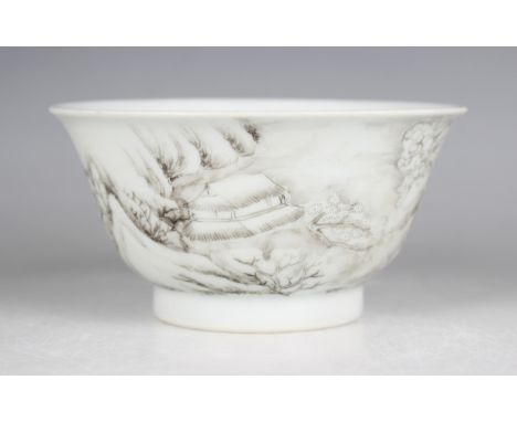 A Chinese porcelain bowl, mark of Yongzheng and probably of the period, the exterior painted en grisaille with a continuous l