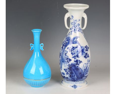 A small group of Japanese pottery, Meiji period and later, comprising a blue and white baluster vase painted with long-tailed