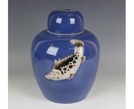 A Chinese famille verte powder blue ground porcelain ginger jar and cover, 20th century or later, the ovoid body painted with