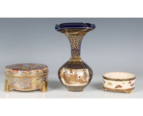A collection of eight pieces of Japanese Satsuma earthenware, Meiji period, comprising a circular box and cover, painted and 